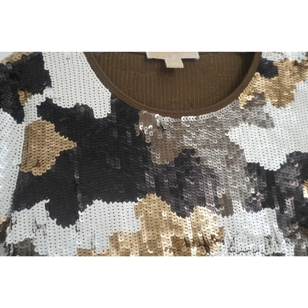 MICHAEL Michael Kors Camou Sequin Tee Gold BLK White Sparkle Glitzy Chic Top SzM